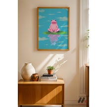 Pembe Kurbağa Nilüfer, Ahşap Çerçeveli Duvar Tablosu - Modern Ev Dekorasyonu