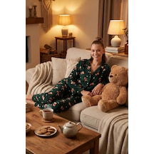Lela Standart Fit Düğmeli Polarlı Bayan Pijama Takımı 6095615 Yeşil