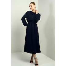 By Saygı Kadın Düğmeli Çıkma Yelekli Beli Lastikli Uzun Kollu Midi Elbise-40656 Lacivert