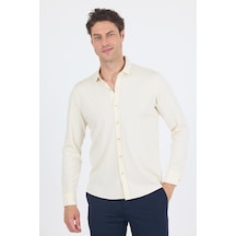 İmza Açık Krem Uzun Kol Düz Örme Polo Yaka Cepsiz Esnek Classic Slim Fit Gömlek 1004250153 650 Açık Krem