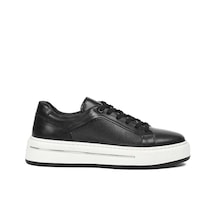 Erkek Siyah Baskılı Bağcıklı Kalın Tabanlı Deri Sneaker