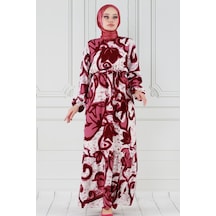 Sevitli Lale Desenli Beli Kuşaklı Viskon Elbise-bordo-3810-bordo Bordo