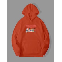 Harmandar 3 İplik Stranger Cats Baskılı Turuncu Kanguru Cepli Kapüşonlu Sweatshirt Hoodie Strangercatsturuncusweat