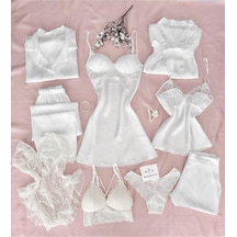 Mh Moony Homewears 9'lu Kutulu Taksim Deluxe Saten Kaplı Gecelik Pijama İç Giyim Çeyiz Seti BEYAZ
