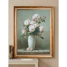 Varaklı Gold Çerçeveli Yağlı Boya Dokulu Büyük Boy Salon Tablosu - Yeşil Fonda Vazoda Beyaz Güller Sanat Eseri Klasik Vintage Dekoratif Duvar Tablosu 50x70 Cm / Çerçeveli 60x80 Cm