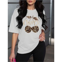 Uyguntarz Unisex Leopar Desenlı Vişne Baskılı Tasarım Tshirt Beyaz