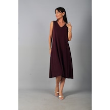 By Saygı Kadın V Yaka Ön Pervazlı Pike Kumaş Kolsuz Oversize Midi Elbise Mürdüm