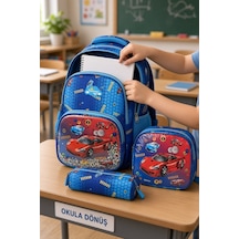 Kırmızı Araba İlkokul Çantası Beslenme Çantası Kalemlik Kabartmalı 3'lü Set 40 X 28 X 15 Cm Çok Renkli