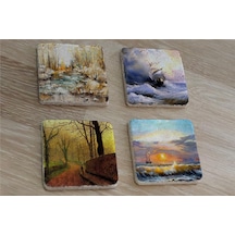 Deniz Ve Doğa Manzaraları Doğal Taş Bardak Altlığı 4'lü Set - Natural Stone Coasters - Taş Çok Renkli