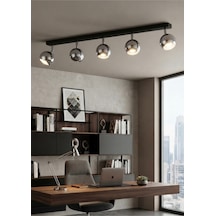 Beşli Modern 5 Li Krom Kaplama Küre Led Spot Tavan Metal Avize 120 Cm Siyah Gövde Krom Hareketli Başlık Gu10 Duy Os Ram Syl Vania Kalitesi Siyah