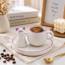 Kedi Figürlü Lila Renk Seramik Espresso Fincanı Ve Tabak Seti Sevimli Tasarım Mini Kahve Fincanı Çok Renkli