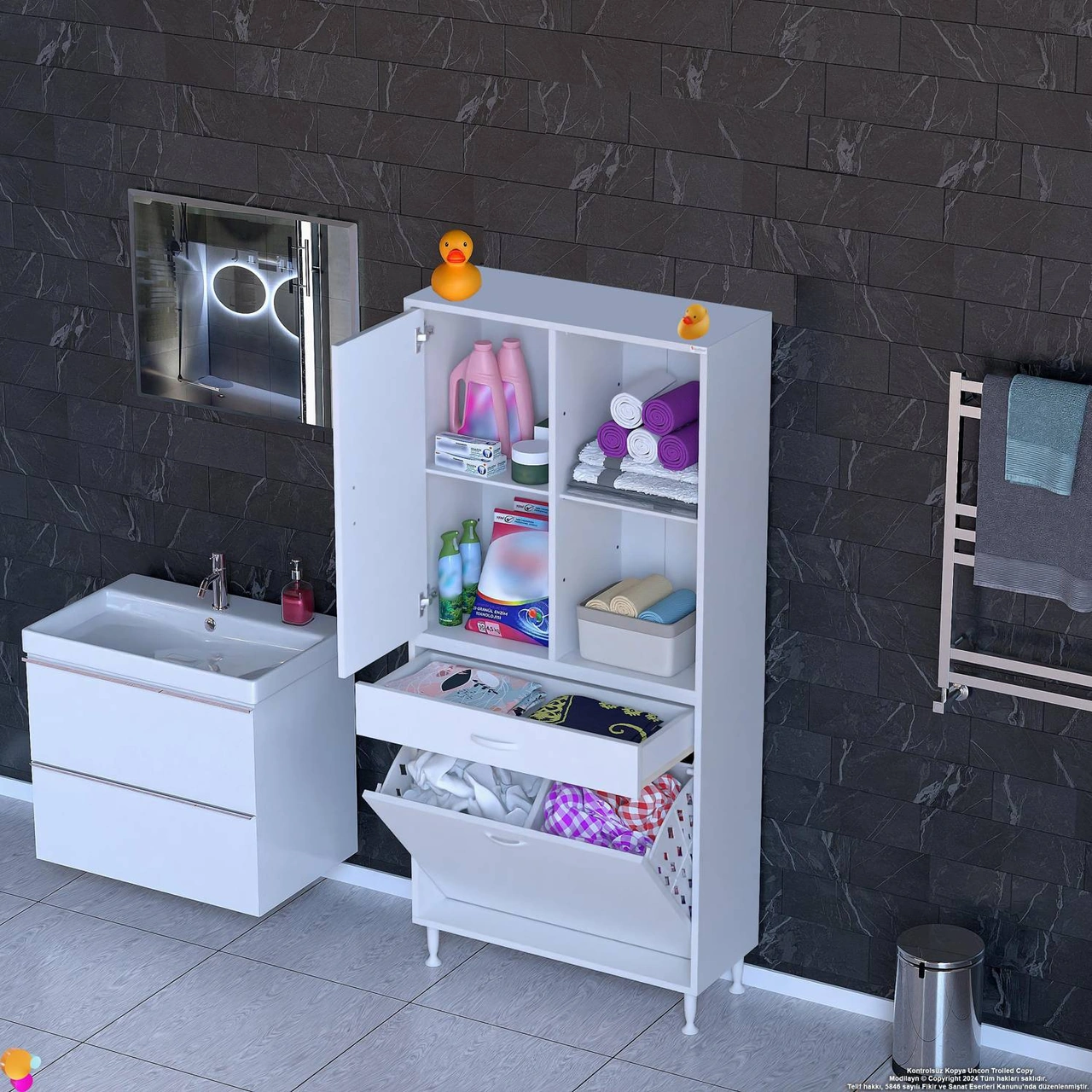 Kayra 1 Çekmece, 2 Göz Sepet, Tek Kapak, 4 Raf Dar Alan Banyo Dolabı 75x173x32,5 Cm Beyaz