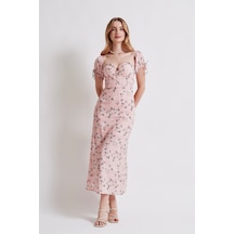 Rabia Çelik Gögüs Cuplu Çiçek Desenli Midi Pembe Elbise Pembe Pembe