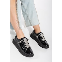 Taş Bağcıklı Detaylı Siyah Rugan Kadın Spor Ayakkabı-2848 Siyah-Rugan Siyah