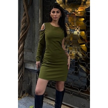 Kadın Yeşil Tek Kol Taşlı Dokuma Mini Elbise Yeşil