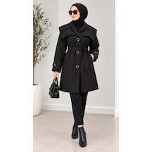 Nevayla Moda Kuşaklı Düğmeli Mevsimlik Trençkot - Siyah / M0118