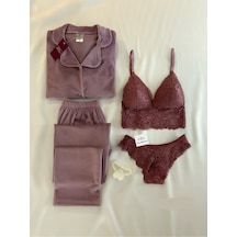Mh Moony Homewears 4'lü Efghety Kadife Pijama İç Giyim Takımı GÜL KURUSU