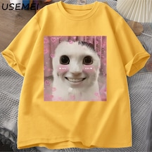Flood Of Style Goofy Cat Kedi T Shirt Meme Dank Cursed Weirdcore Cringey T-shirt Erkekler Kadınlar Ben Çok A Sarı