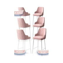 Canisa Tera Serisi 6 Pembe Sandalye 65 Cm Ada Mutfak Bar Sandalyesi Babyface Kumaş Beyaz Metal Ayaklı Sandalye Pembe Ayakları Beyazz