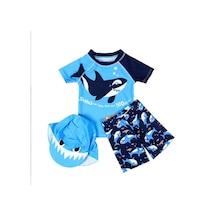 Petityu Up50+ Güneş Korumalı Tek Kol Lacivert Shark Kısa Kol Erkek Çocuk Mayo T-shirt Şapka Set Mavi