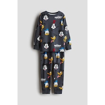 Tüm Mevsimler Pamuklu Alt Üst Pijama Takımı Füme Renk Mickey Mouse Ve Arkadaşları Temalı Füme Mickey And Friends Füme