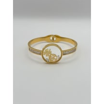 Arnes Jewelry Çelik Camı Açılmayan Zirkon Taşlı Yaşam Ağaçlı Yoncalı Kelepçe Ar404nes Gold