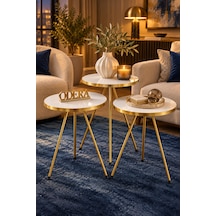 Odera Beyaz Yuvarlak Zigon Sehpa 3'lü Set Metal Ayaklı Modern Salon Sehpası