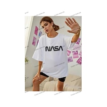 Tarzsokak Unisex Kadın/erkek Nasa Renkli Özel Baskılı Oversize Pamuk Penye Beyaz