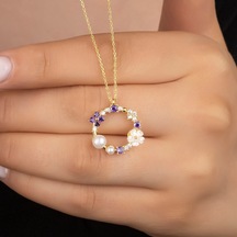 925 Ayar Gümüş Gold Sedefli Güllü İncili Kolye
