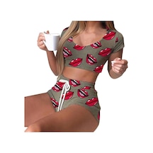 Gri Moda Kadın O-boyun Kısa Kollu Şort Ev Giyim Pijama Elastik Bel Çizgili Sleepweara Gri