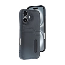 Apple Uyumlu iPhone 16 Uyumlu Kılıf Sara Kartvizitli Deri Kılıf - Siyah