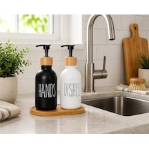 2 Li Hands & Dishes Siyah Beyaz Cam Sabunluk Seti Modern Minimalist Tasarım, 500 Ml Kapasiteli, Bambu Standlı Dekoratif Mutfak & Banyo Sıvı Sabunluk Dispenser Seti 12 Izgara
