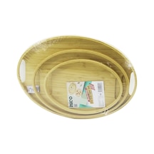 Oval - 3 Boy Bambu Ahşap Tepsi Seti 20x29--26x36--31x45cm 5570 Çok Renkli