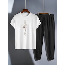 Uyguntarz Unisex Zaman Pusulası Tasarım Basklı Tshirt Eşofman Takımı Beyaz