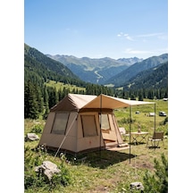 Shufa 260 220 200 Cm Otomatik Şişme Kamp Çadırı, Yağmur Brandası Ve 330 270 Cm Bağlantılı Gölgelik Dahil, 2 Büyük Şeffaf Tavan Pencereli, Aile Outdoor Kamp Çadırı Bej