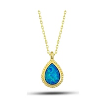 Gümüş Gold Damla Mavi Opal Taşlı Kadın Kolye Gümüş