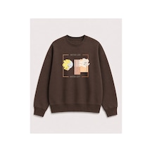 Herkesemoda Better Life Baskı Detaylı Bisiklet Yaka Şardonlu 2 İplik Sweatshirt Kahverengi