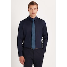 Tudors Erkek Slim Fit Premium Likralı Pamuk Saten Lacivert Gömlek-35742 Lacivert