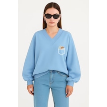 Benroma Cep Papatya Baskılı Ünisex V Yaka Sweatshirt Bebe Mavisi