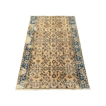 El Dokuma 115x175 Eskitme Vıntage Dekoratif %100 Yün Mavi Krem Mavi