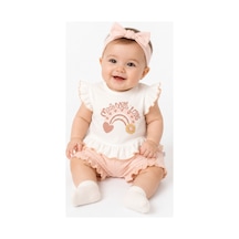 İrem Çocuk Giyim Kız Bebek Kolları Fırfırlı Love Yazılı Tişört Şortu Fırfırlı Müslin Kumaş Pudra Renk Takım Pudra