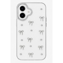 İphone 16 Uyumlu Kılıf Fiyonk Desenli Şeffaf Simli Gümüş Kamera Çıkıntılı Çok Şık Kapak İphone 16 Pro