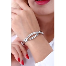 Kadın Gümüş Renk Zirkon Taşlı Kelepçe Çelik Bileklik Çelik