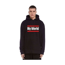 My World Baskılı Siyah Erkek Örme Kapşonlu Sweatshirt