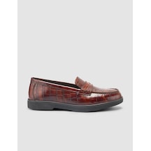 %100 Hakiki Deri Kahverengi Croco Desen Kadın Loafer Kahverengi