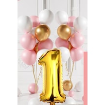 1 Yaş Retro Gold Pembe Beyaz Balon Seti Gold Rakamlı Doğum Günü Balonu Şık Parti Süsleme Çok Renkli