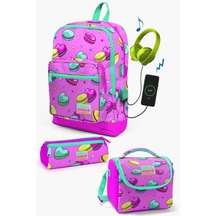 Coral High Kids Açık Pembe Su Yeşili Makaron Desenli Usb'li 3'lü Okul Çanta Seti - Kız Çocuk Çok Renkli