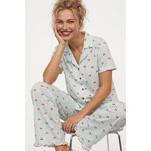 Siyah İnci İnce Soft Örme Mevsimlik Düğmeli Pijama Takımı 8043 Yeşil