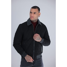 By Marki Marki Erkek Siyah Hakiki Süet Deri Mont Kapitone Desenli Fermuarlı Triko Manşetli Astarlı Premium Mont 65 Cm