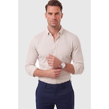 Rizzup Erkek %97 Pamuk Slim Fit Dar Kesim Petek Dokulu Likralı Örme Bej Gömlek 2600707